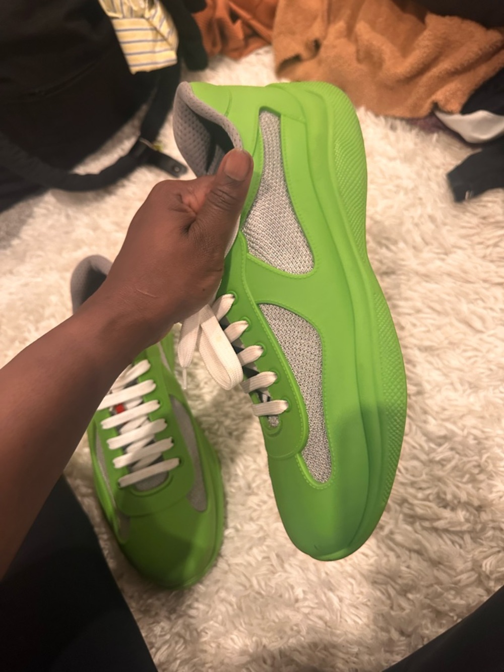 Prada Men's Lime Green and Grey Low-Top Sneakers - Picture 3 of 7